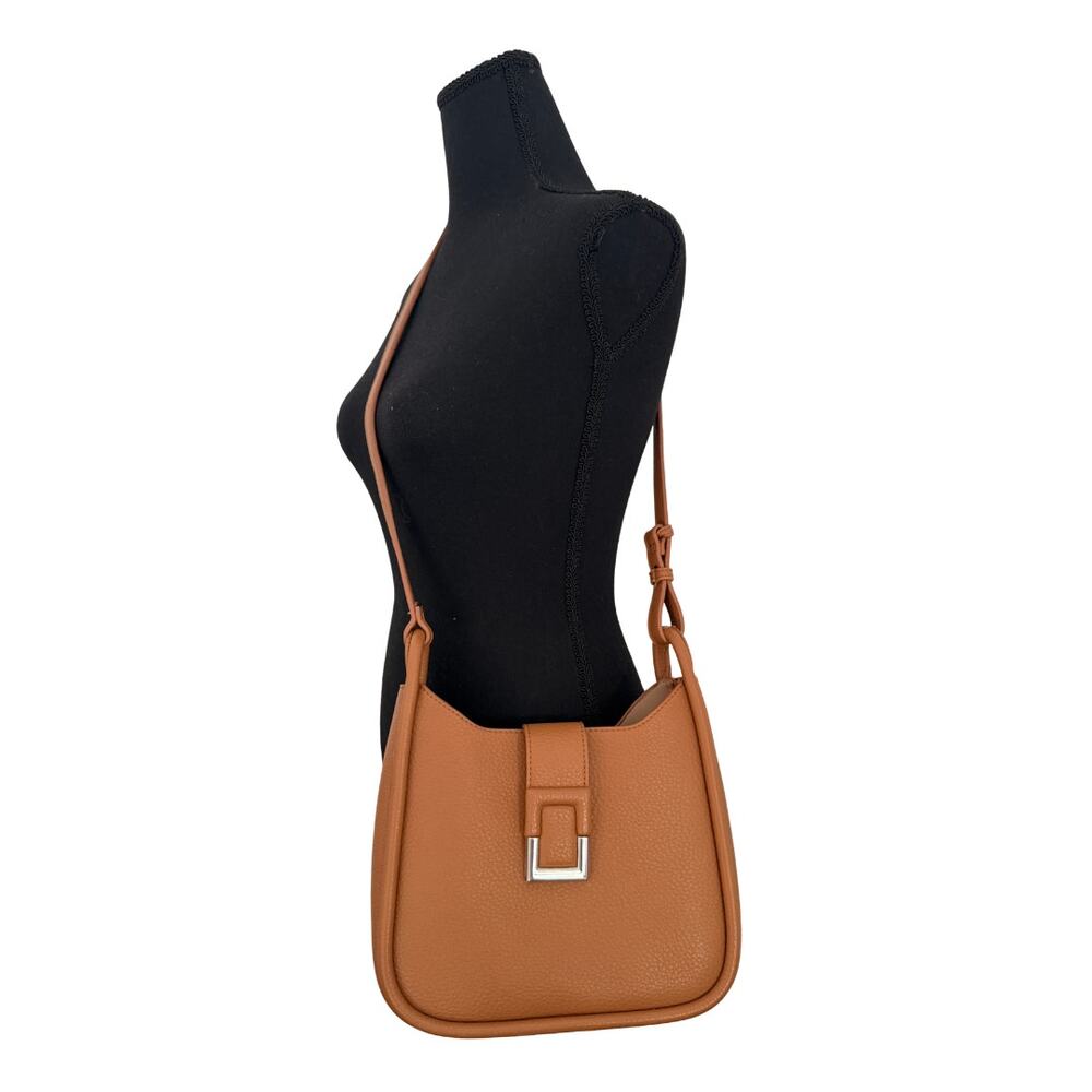 Myztique Vegan Leather Shoulder Bag Cognac Brown Minimal Crossbody Saddle Bag